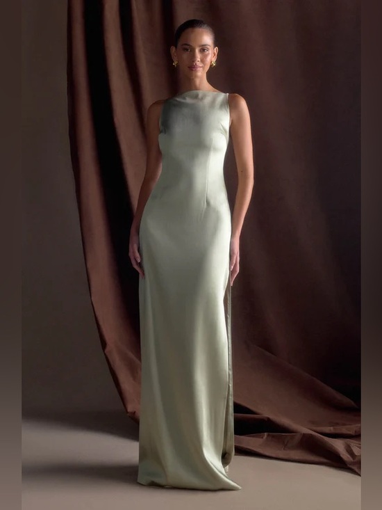 Meshki Dresses & Skirts - Meshki Sage Green Satin Maxi Dress Sleeveless Boat Neck Elegant Gown Small